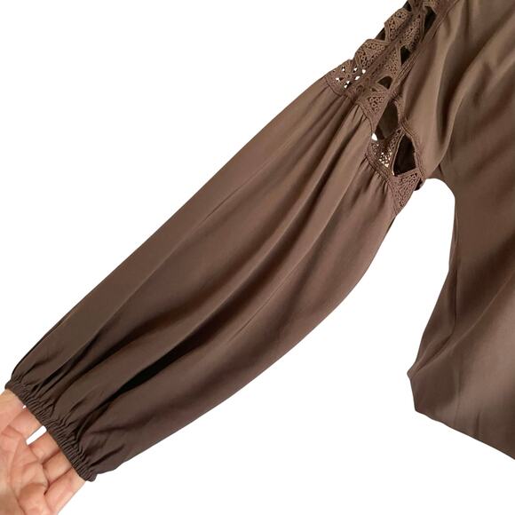 Max Studio Brown Crochet Lace Trim Peasant Top Size SMALL Blouson Bohemian Fall - Picture 7 of 11